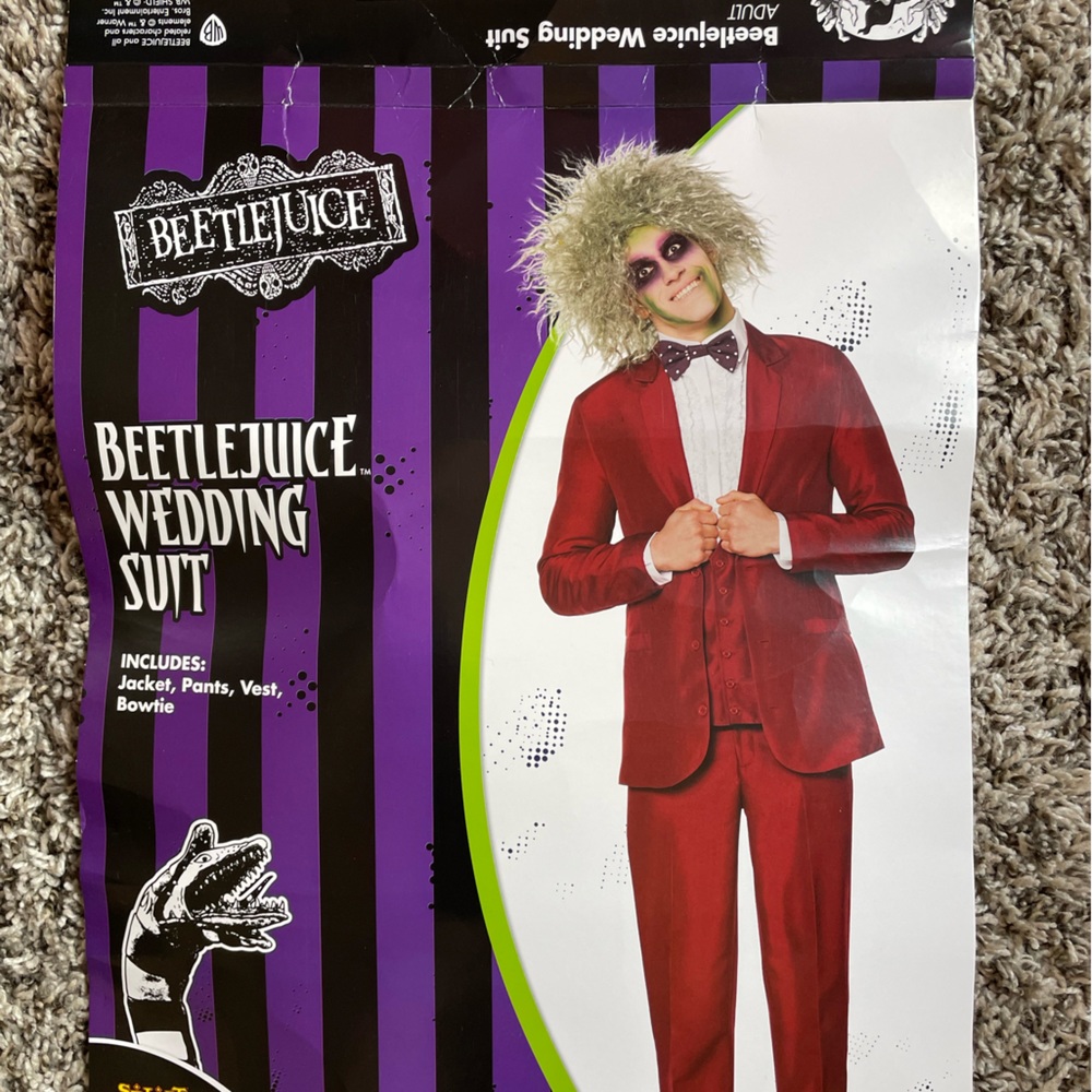 Beetle juice wedding suit, deer costume.